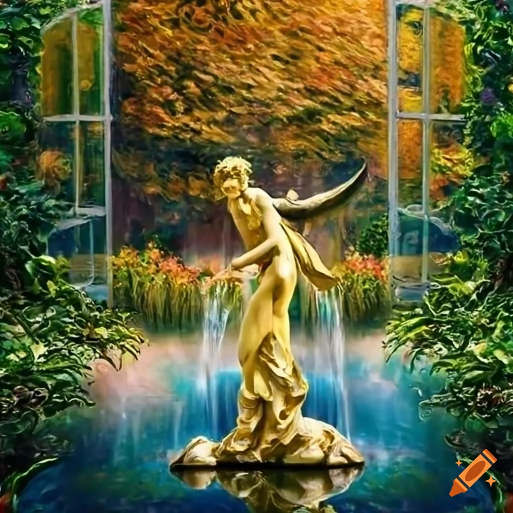 Viktorian garden painting with angel statues and waterfall on Craiyon