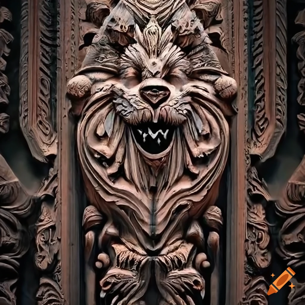 detailed carving art of a moth werewolf motif