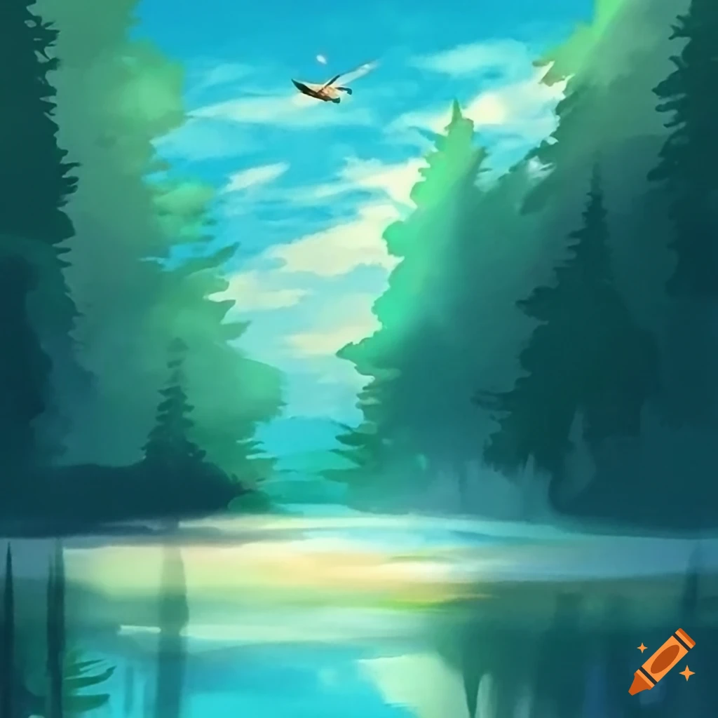 sunny landscape with a bird flying over a lake