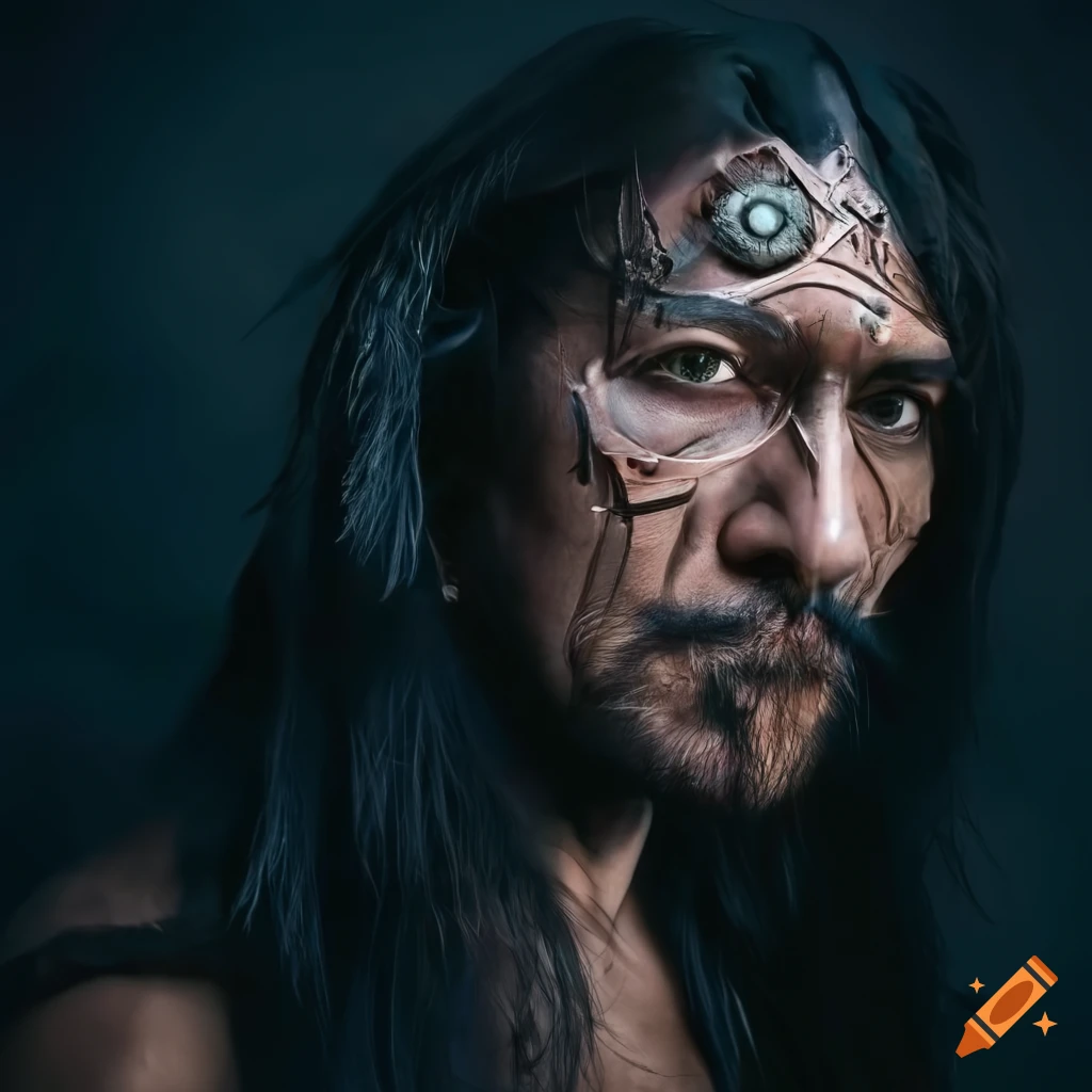 portrait of a shamanic Indian with leather armor and feathers