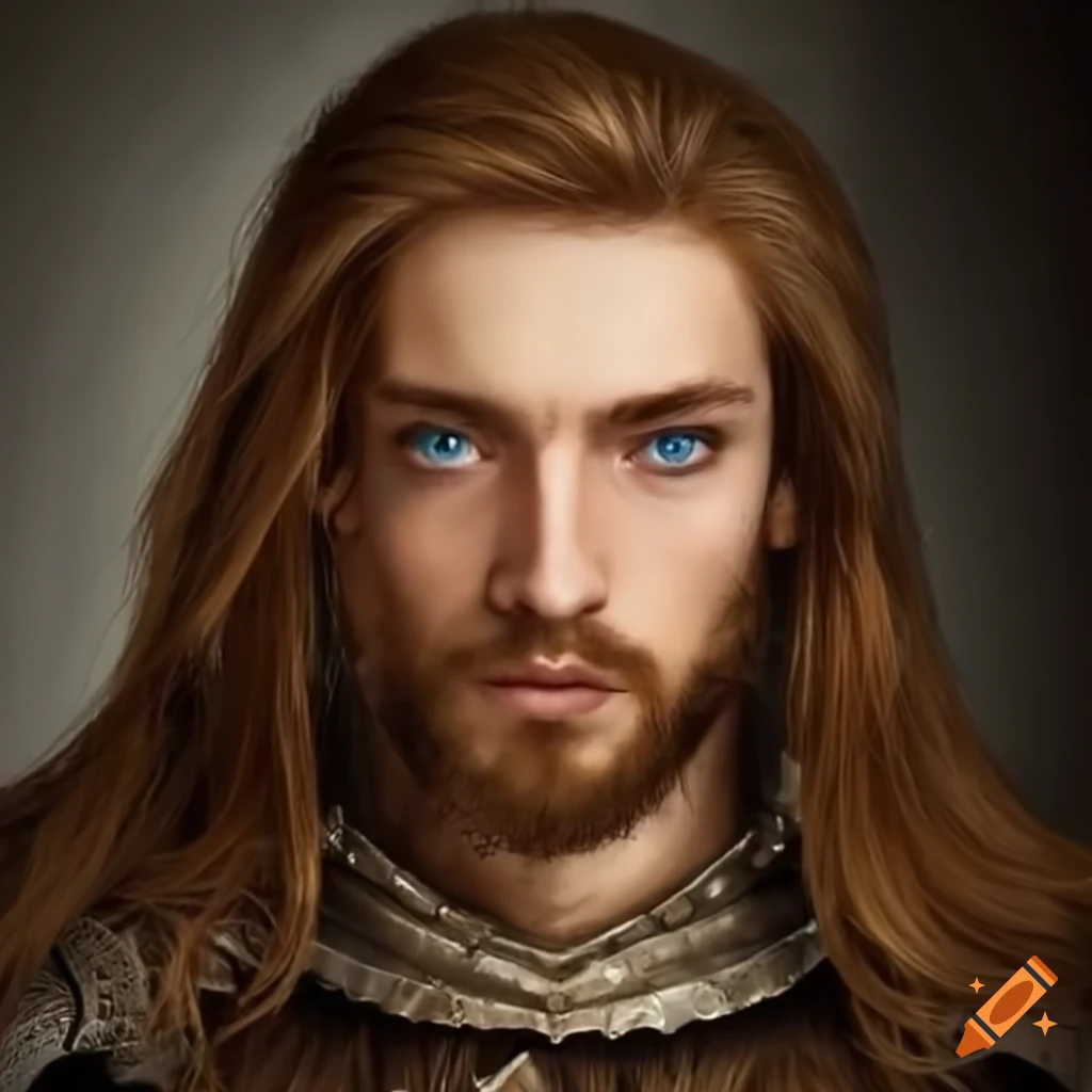 Image of a man in light armor with blue eyes and long brown hair on Craiyon