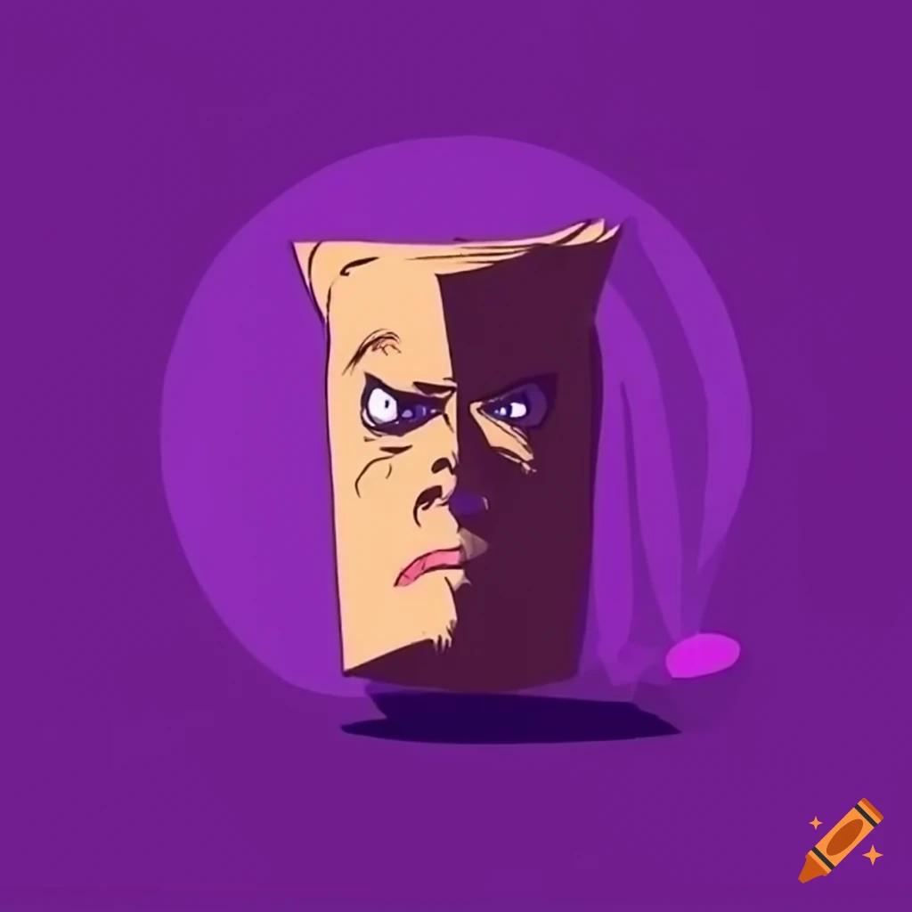 purple and black angry doodle character with paper bag mask
