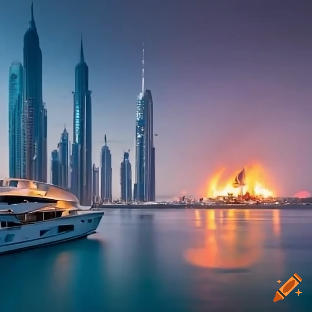 yacht on fire with Dubai skyline in the background