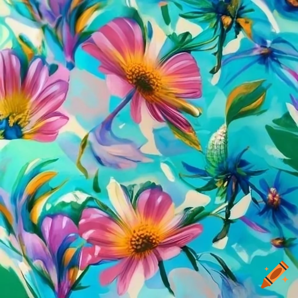 colorful summer print of flowers near the sea