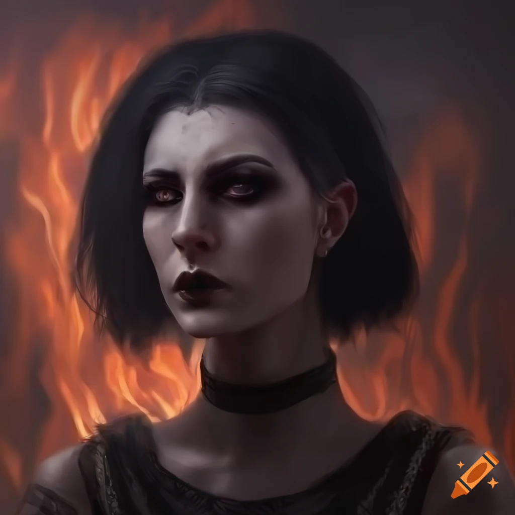 Portrait of a woman with dark hair in a fantasy setting