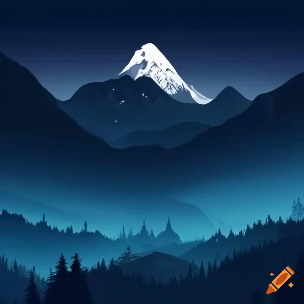 nighttime mountain landscape with snowy peaks