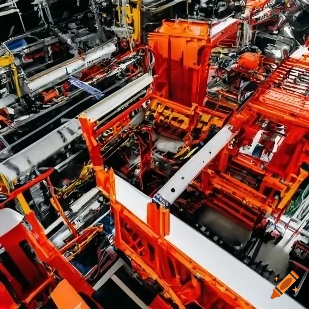 Top view of a car production line in operation on Craiyon