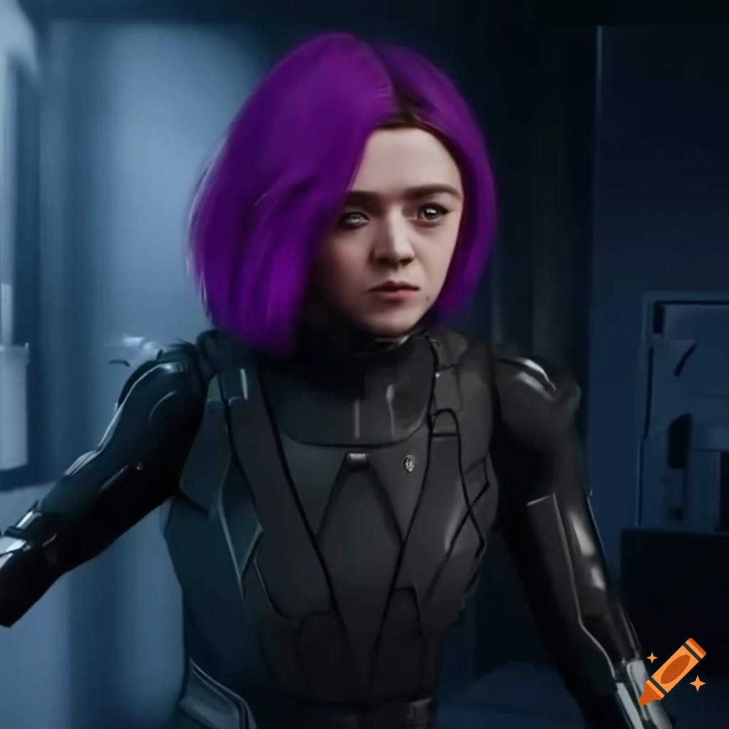 Maisie williams as futuristic sci-fi girl in purple jumpsuit