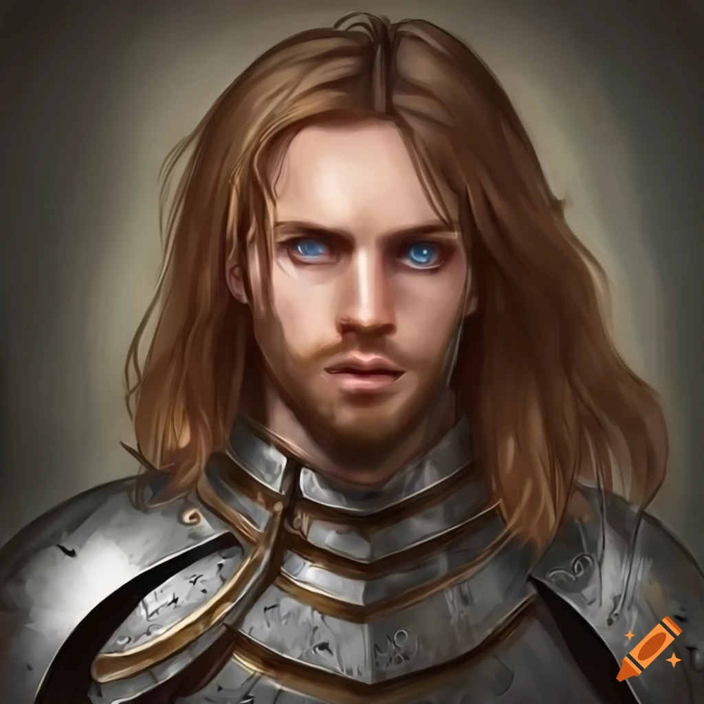 Image of a man in light armor with blue eyes and brown hair on Craiyon