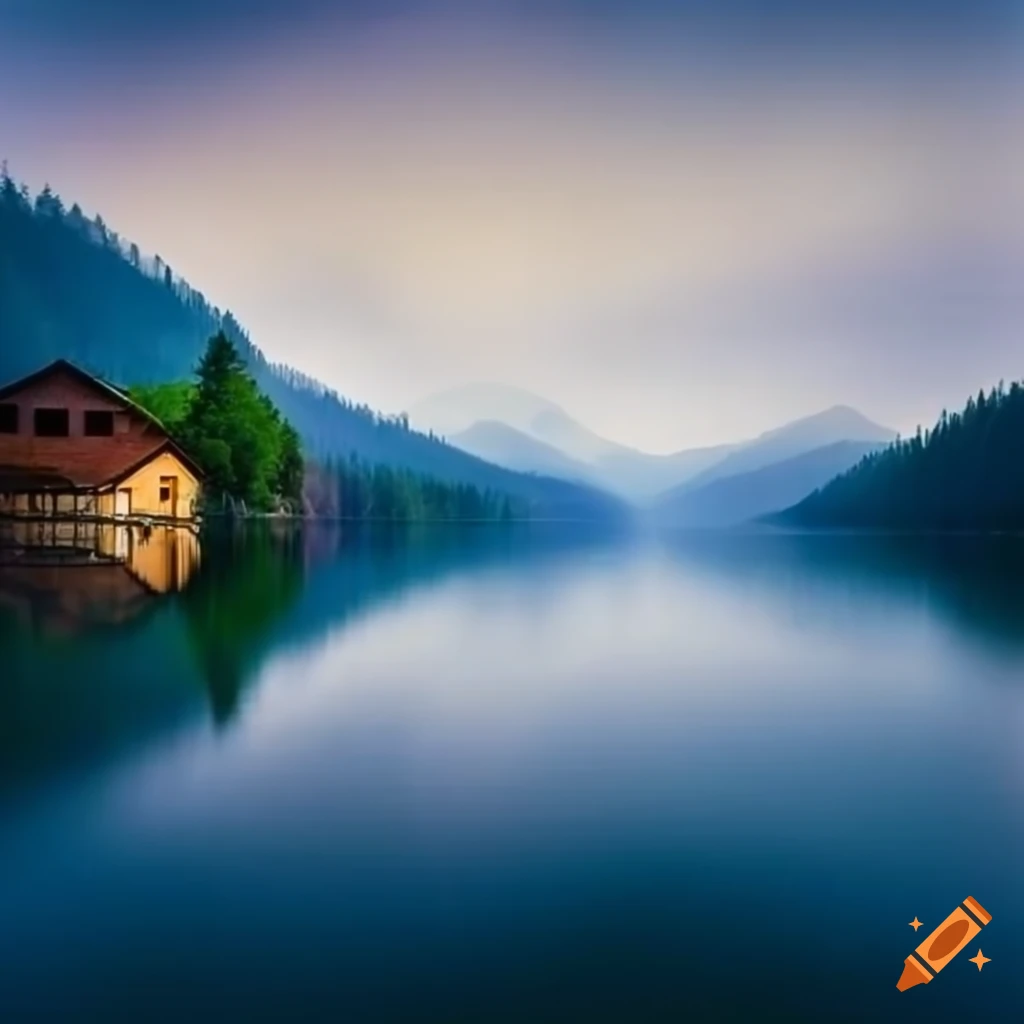 scenic view of mountains and a lake with a house
