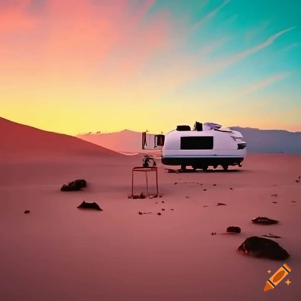 image of a desert with an RV near a lake