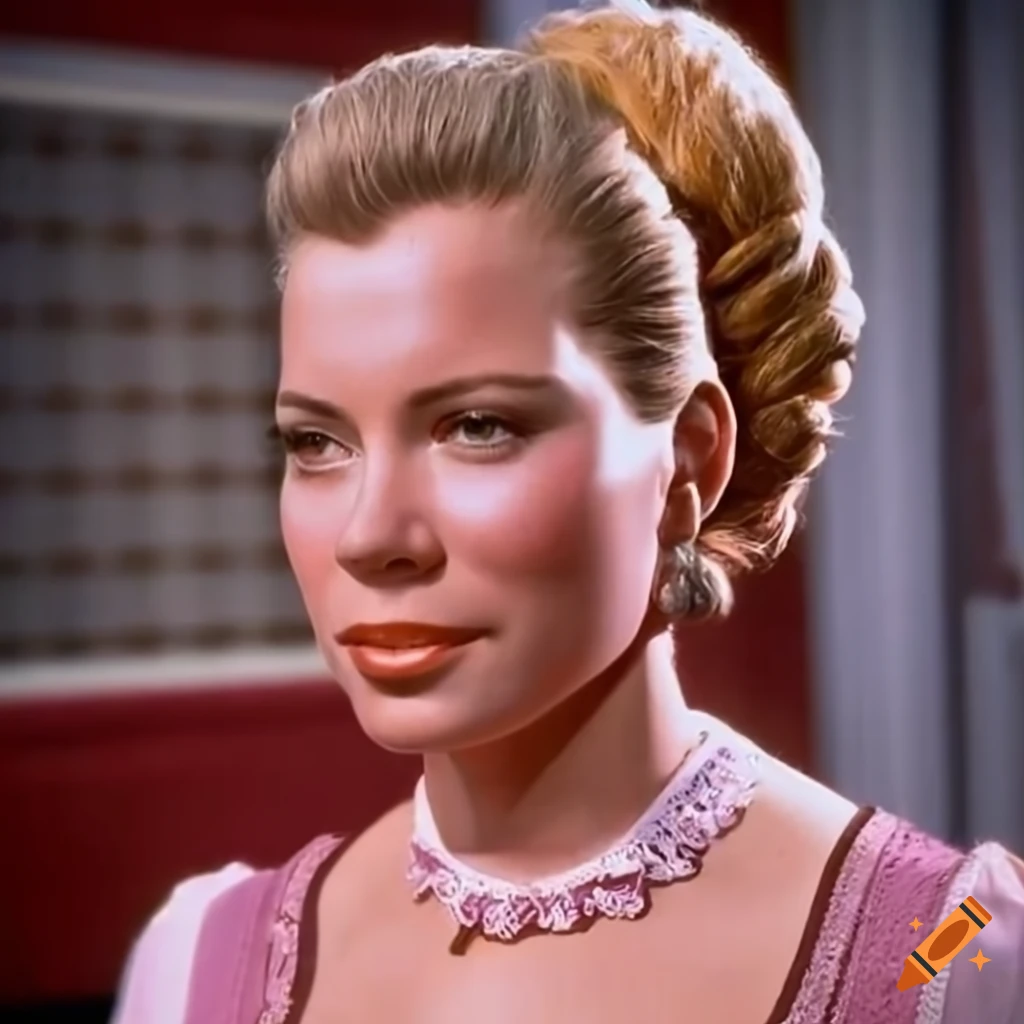image of female Captain Kirk in pink dirndl on Enterprise deck
