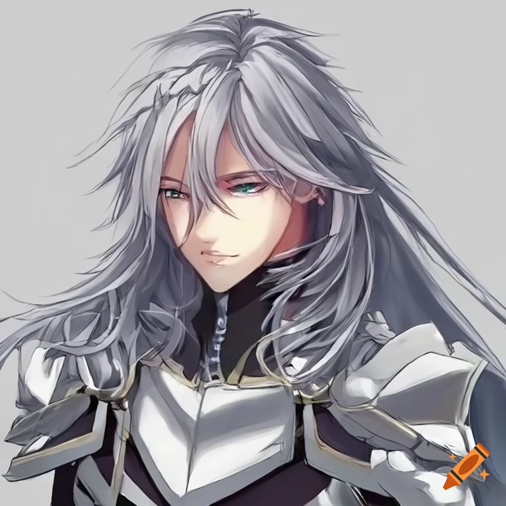 Image of a silver-haired anime boy knight on Craiyon