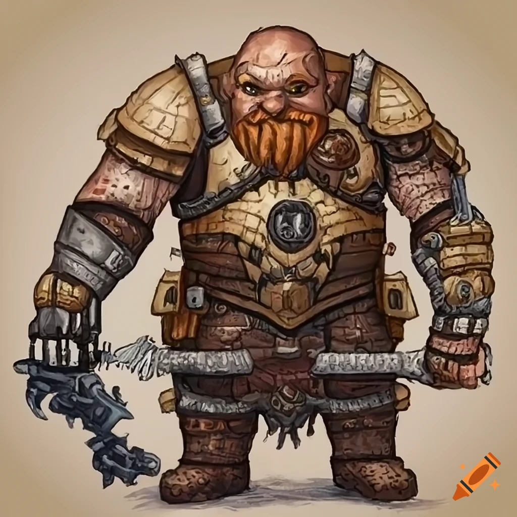 Illustration of a dwarf with a robotic arm and ice powers on Craiyon