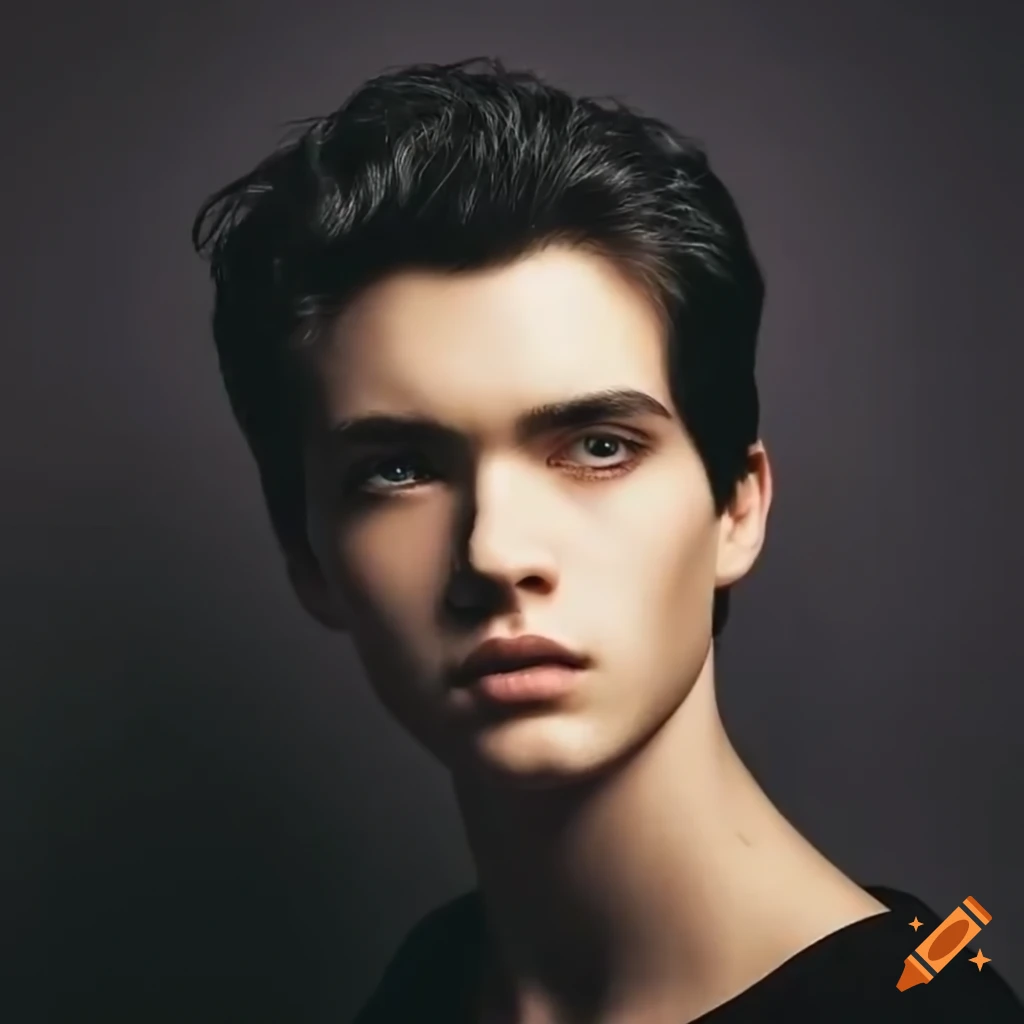 portrait of a handsome young man with green eyes and wavy black hair