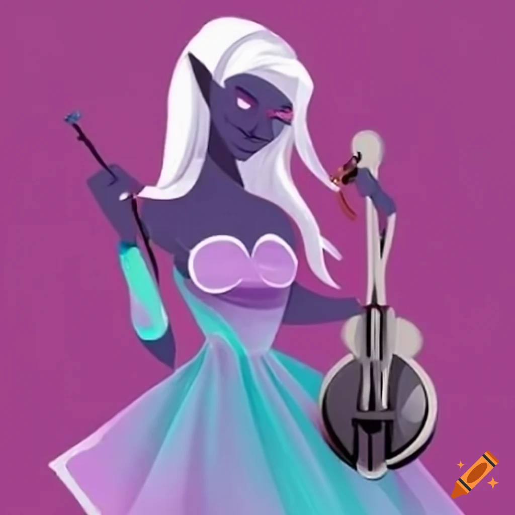 drow woman playing a banjo in a colorful dress