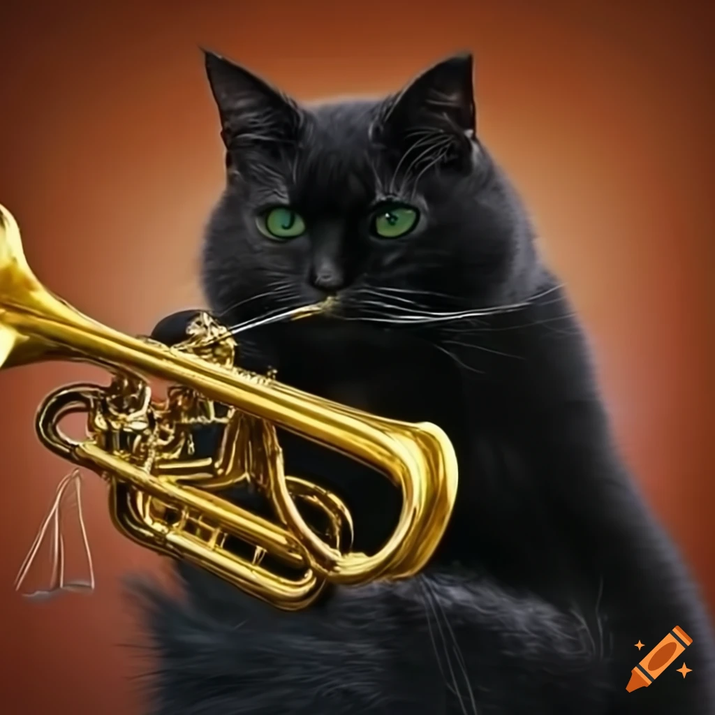 Black cat playing a trumpet on Craiyon