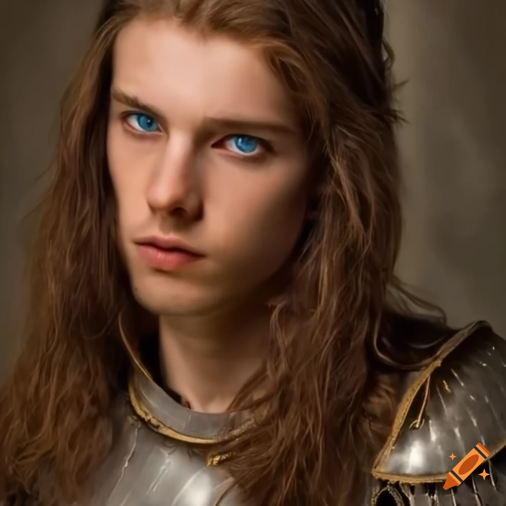 image of a man in light armor with blue eyes and long brown hair