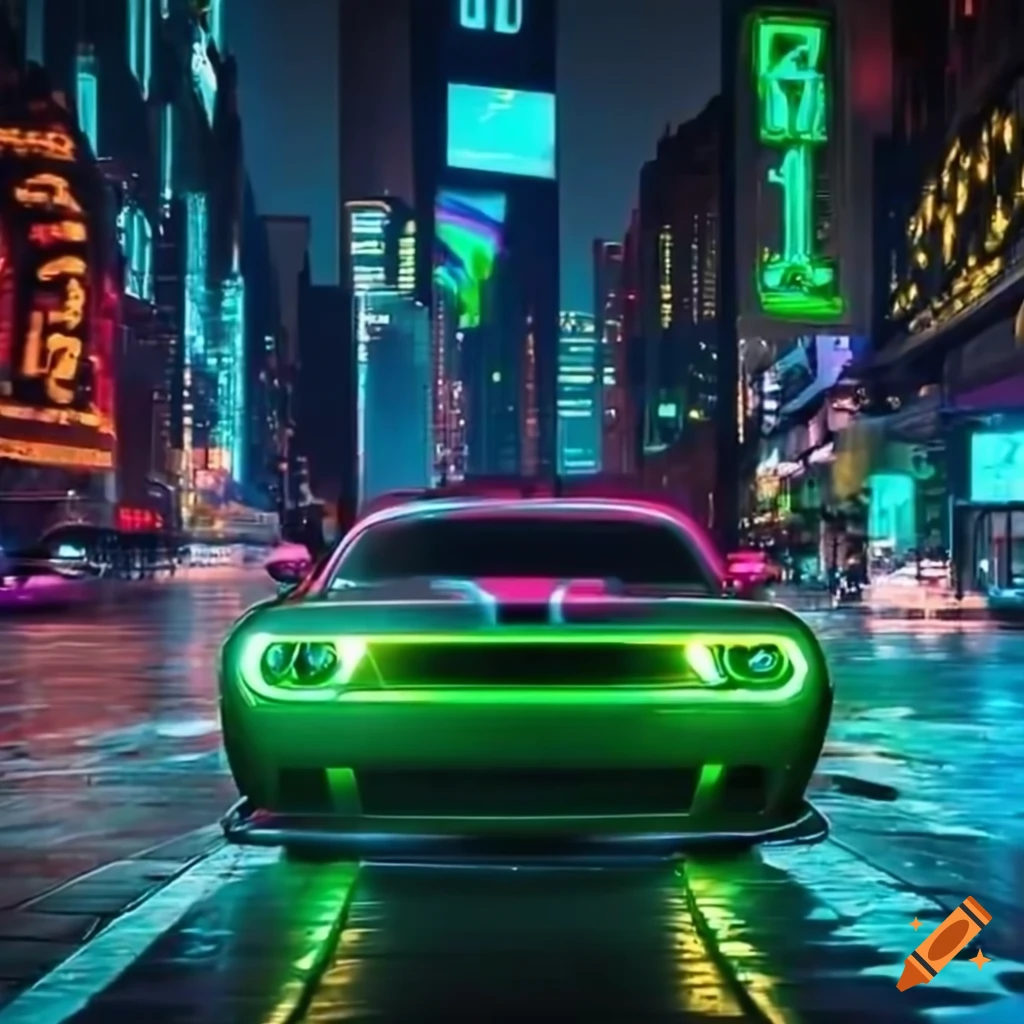 Green dodge demon racing through a neon cityscape on Craiyon