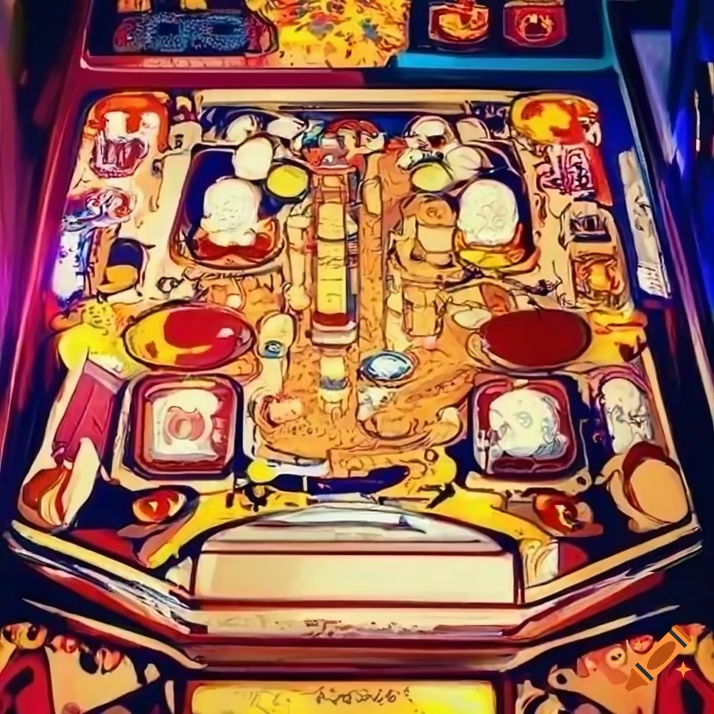 Japanese-style painting of a peanut butter jelly sandwich in a pinball machine