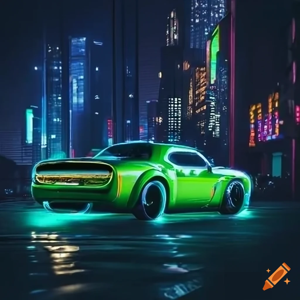 Green dodge demon racing through city at night