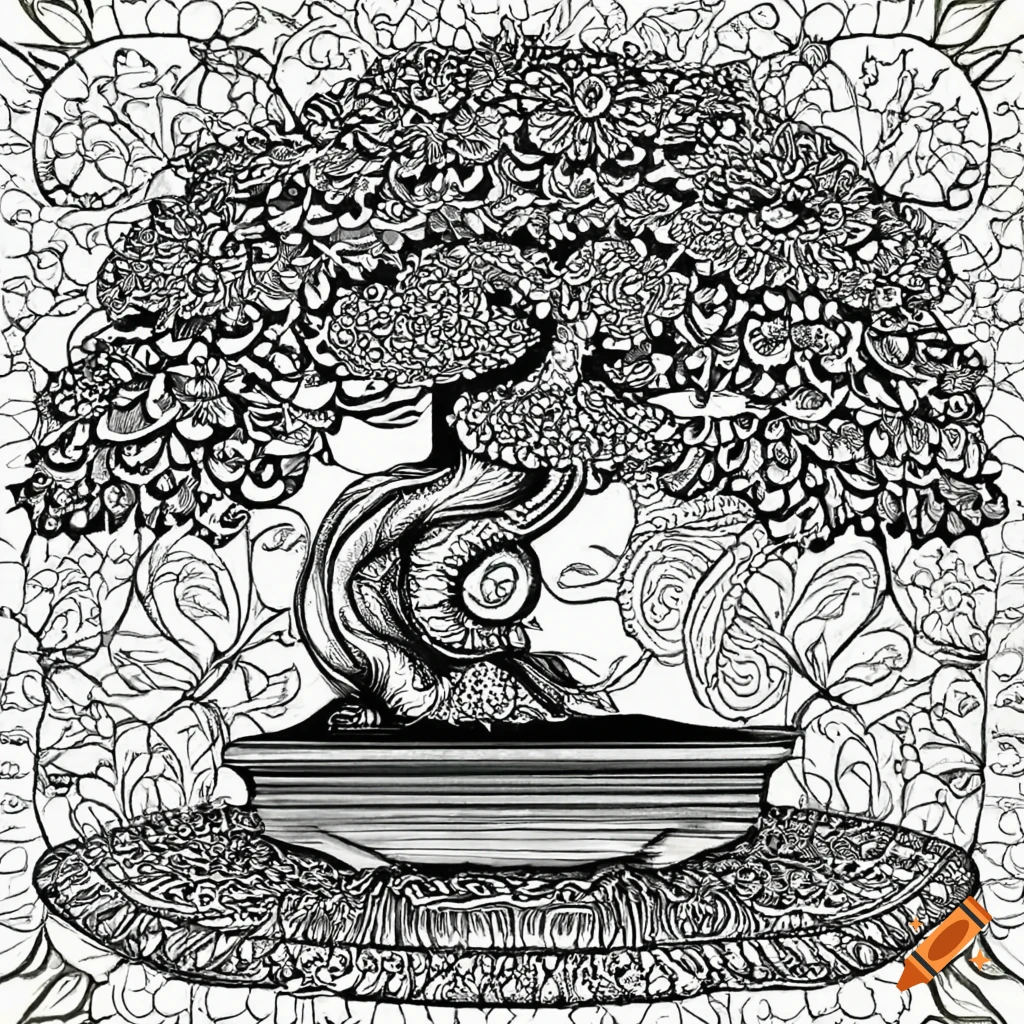 Intricate black and white adult coloring page of a bonsai tree with ...