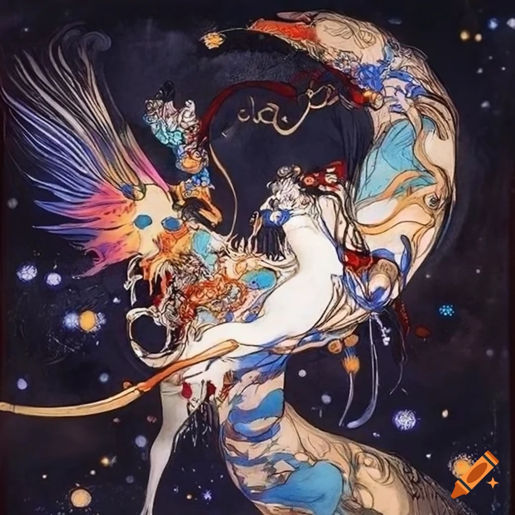 Artwork of animal constellations in yoshitaka amano style on Craiyon