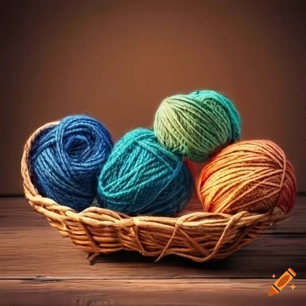 colored yarn in a basket on a wooden table