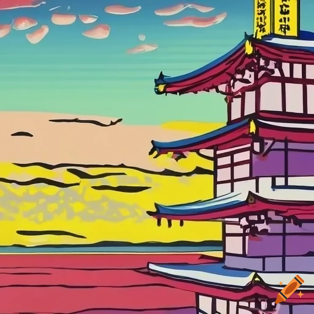 vibrant Japanese landscape in Lichtenstein style