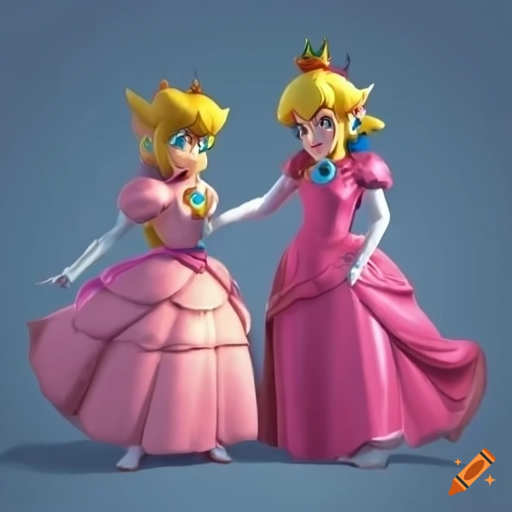 Princess peach and link wearing pink silk ballgowns pose together on ...