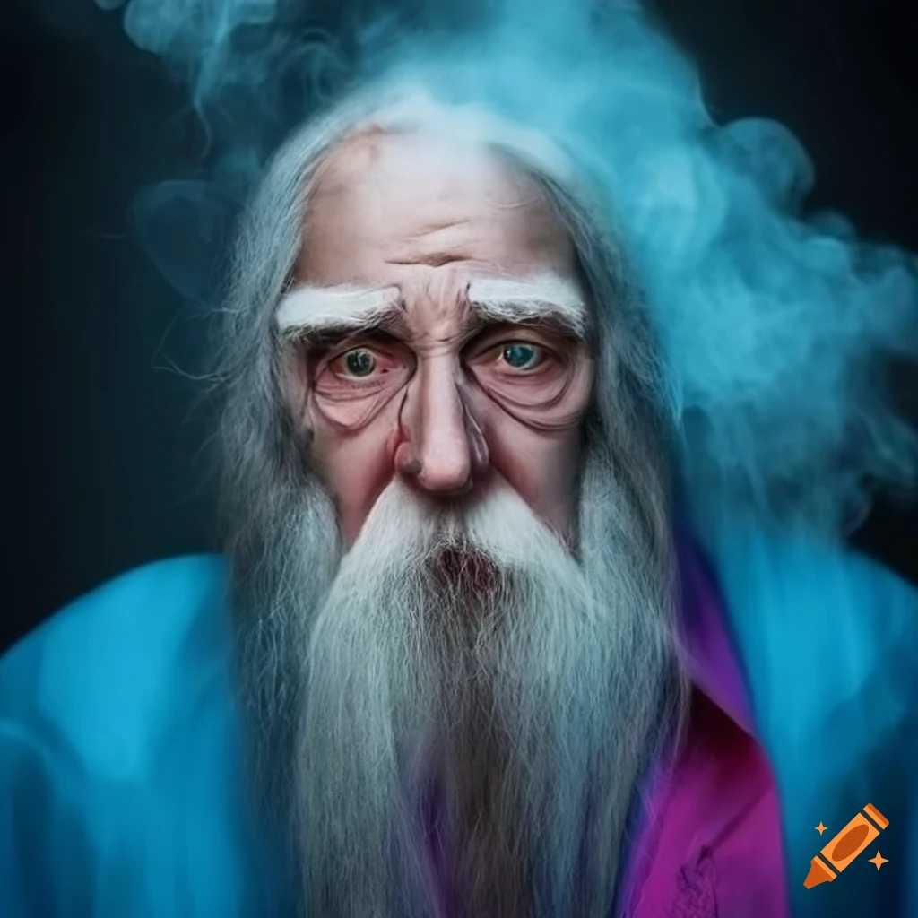 image of an eccentric old wizard surrounded by whimsical smoke