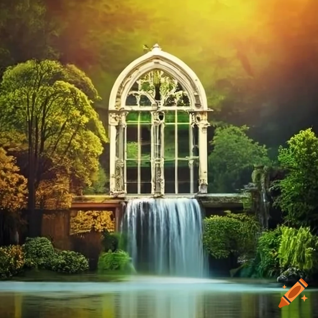 Victorian garden with gold balcony and waterfall on Craiyon