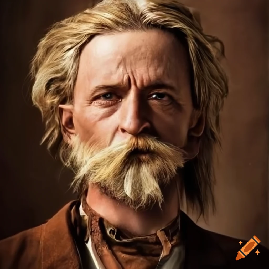 retro portrait of a Caucasian man with blond hair and a mustache