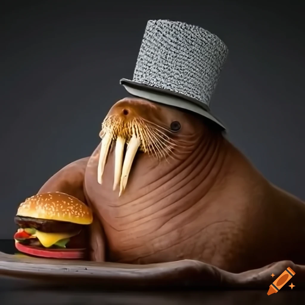 Walrus wearing a hat eating a hamburger on Craiyon