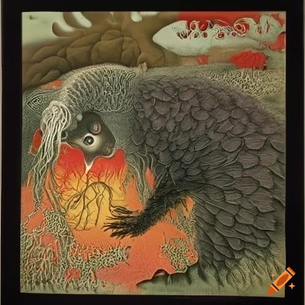 Color serigraph of native salish motifs and fantasy creatures on Craiyon