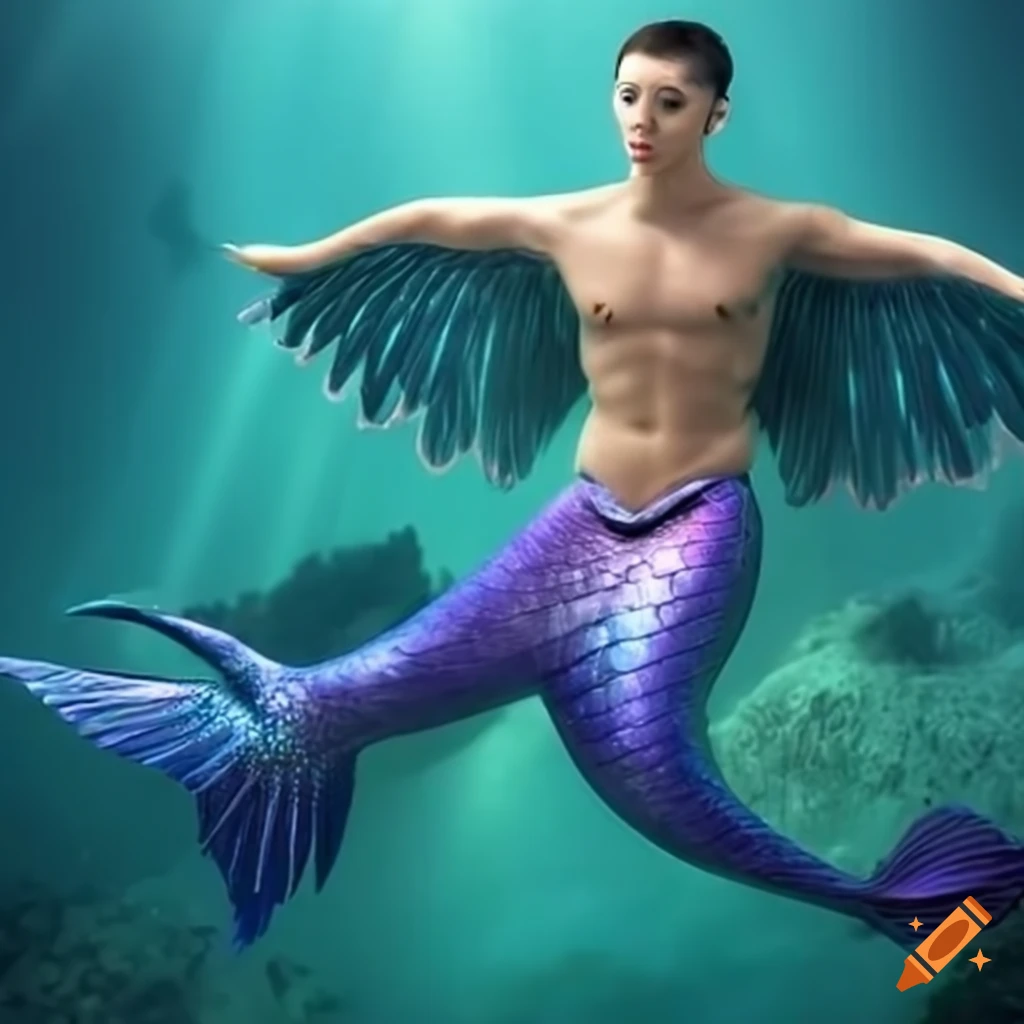 Digital art of male sea mermaids with fish tails and wings on