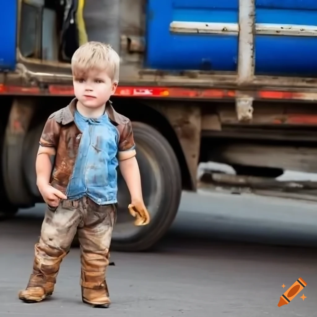 young boy in a truck depot