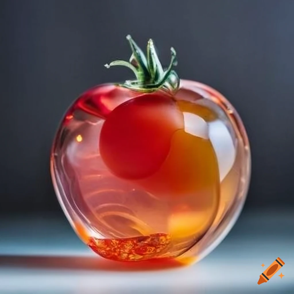 Detailed glass tomato sculpture on display on Craiyon