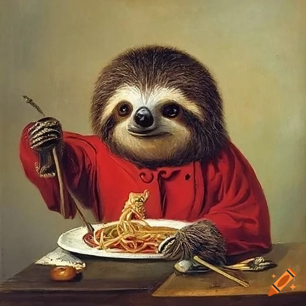oil painting of a sloth enjoying spaghetti