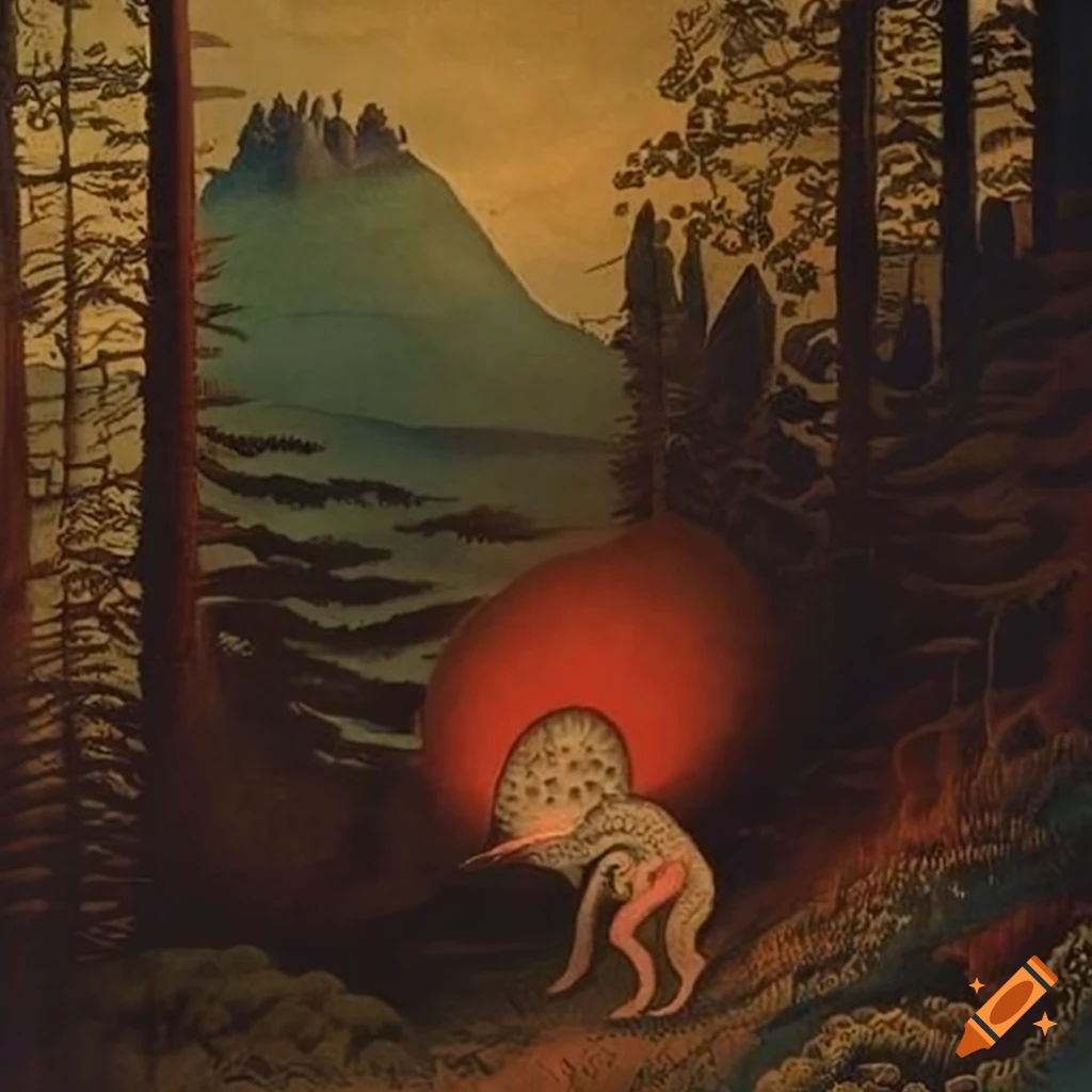 color serigraph of native Salish motifs and fantasy creatures