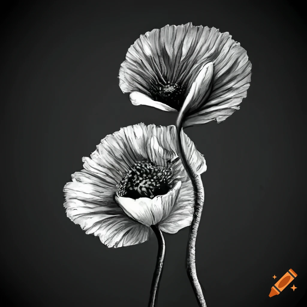 Beautiful poppies on black and white background. Flowers Red