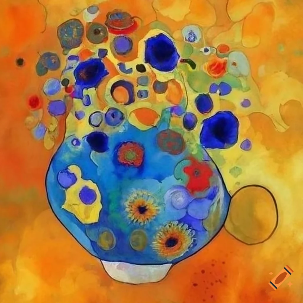 Abstract art with squares in blue and poppies in yellow and orange on