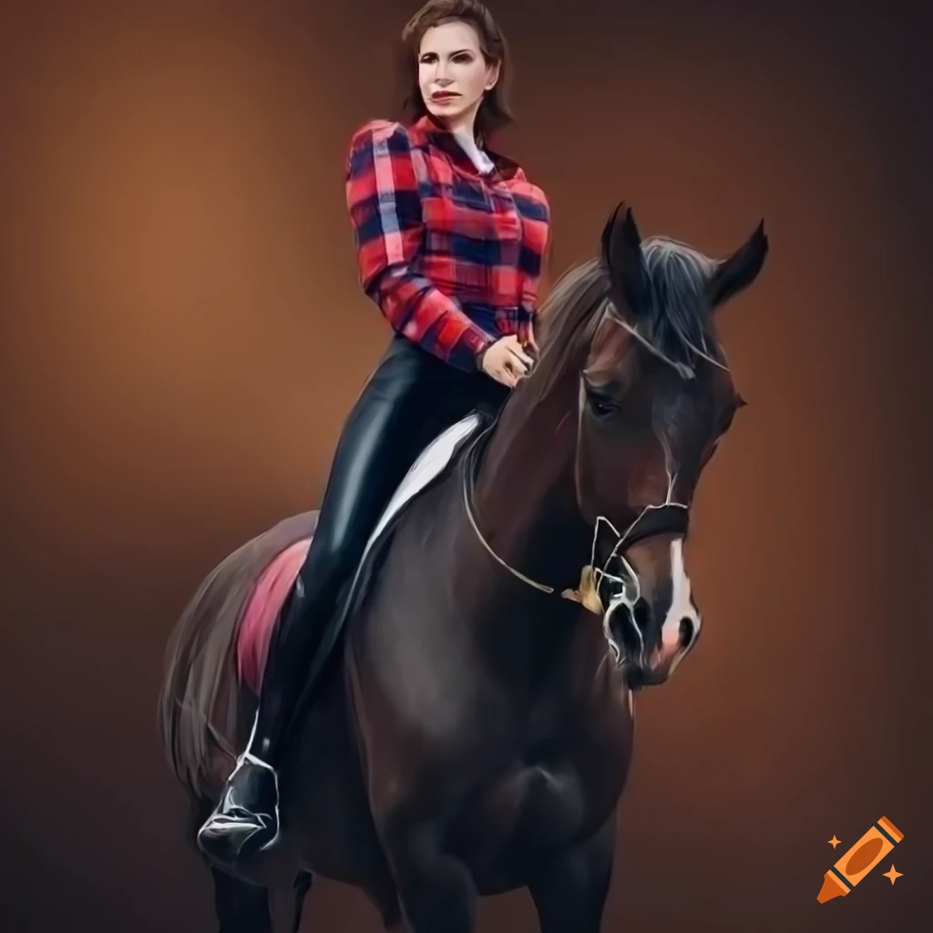 close-up photograph of a young horse rider in red plaid shirt and black leather trousers