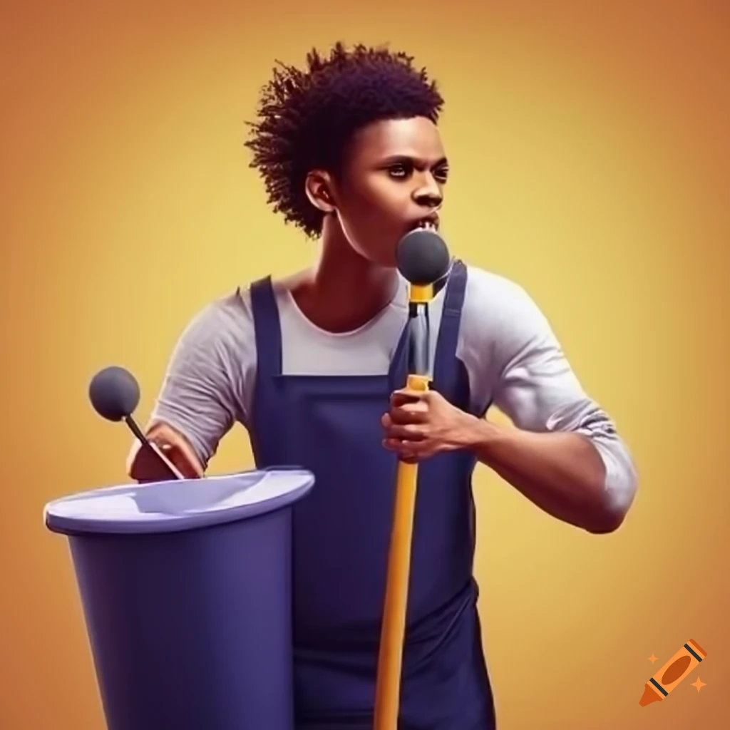 cover art of a janitor with a microphone and cleaning supplies