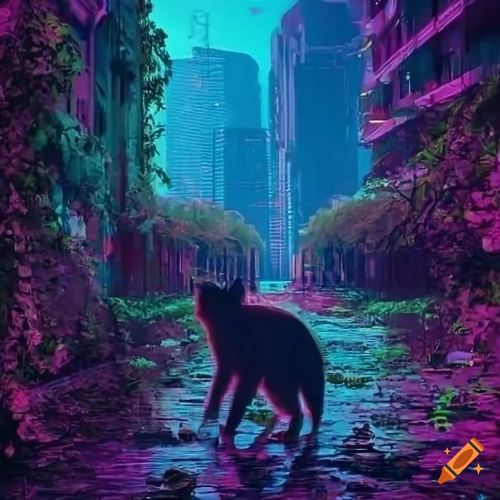 Retro cyberpunk city with cats and neon lights on Craiyon