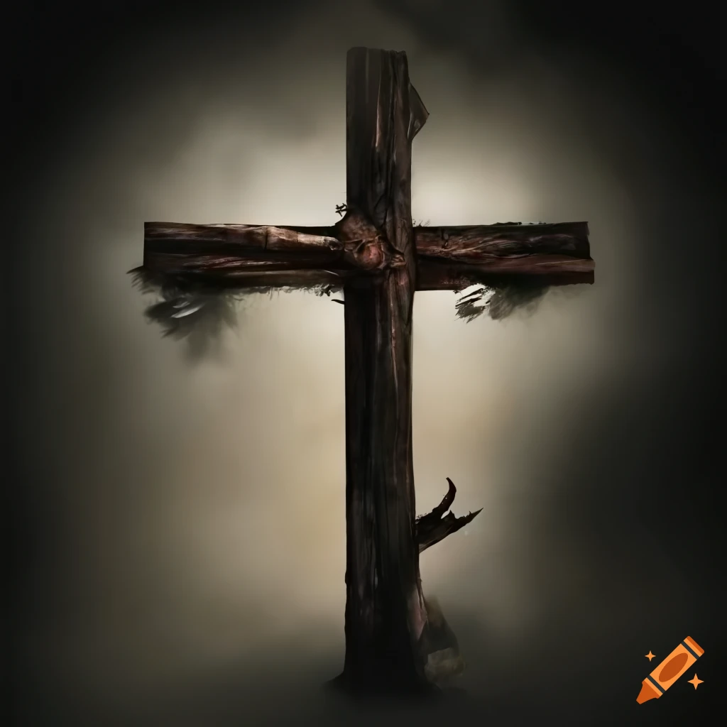 Artistic representation of a damaged wooden cross on Craiyon