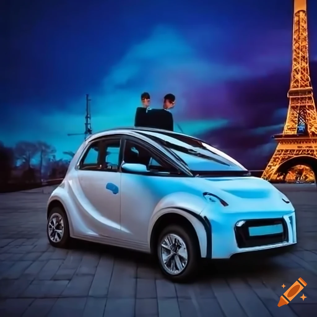 electric car in front of the Eiffel Tower