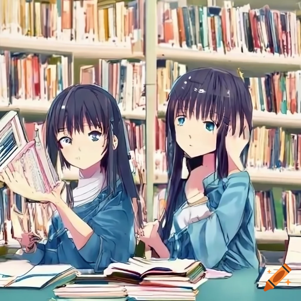 Anime girls buying books at a colorful book market on Craiyon