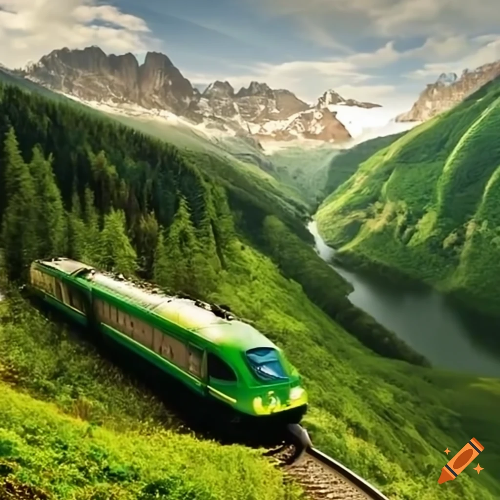 Ecofriendly train traveling the world on Craiyon