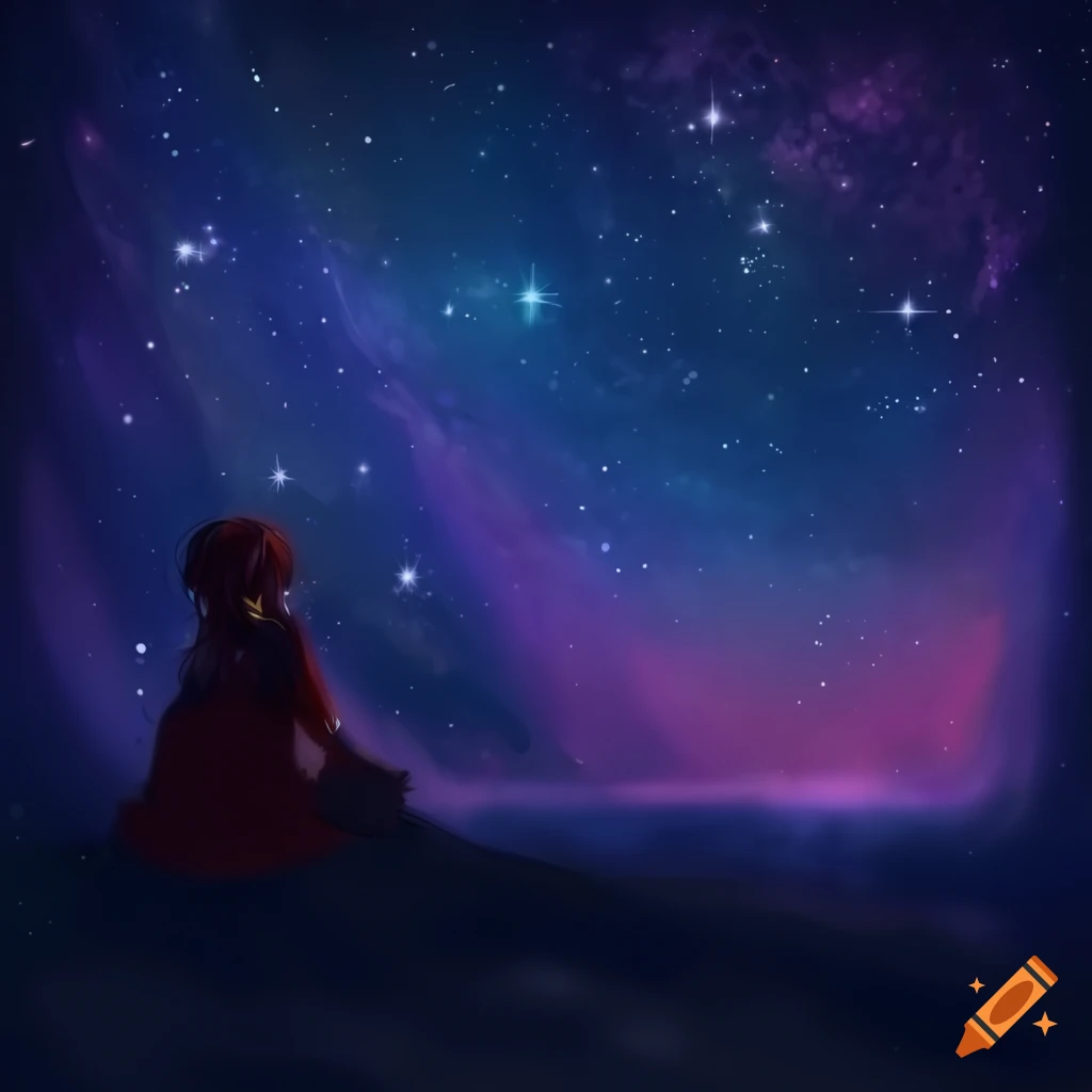 Cute Anime Couple Sitting On Grass Stargazing. Anime Style Cartoon  Illustration Featuring Nebulas And Stars In A Romantic Landscape Artwork.  Peaceful Countryside And A Night Sky In Manga Drawing. Stock Photo, Picture